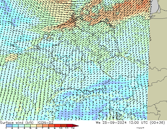 Surface wind (bft) ICON-D2 We 25.09.2024 12 UTC