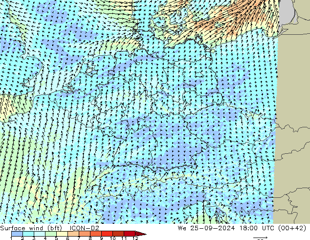 Surface wind (bft) ICON-D2 We 25.09.2024 18 UTC