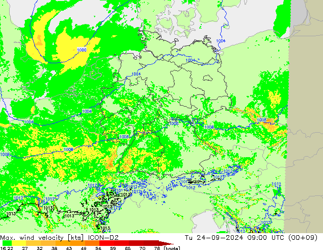 Max. wind velocity ICON-D2 mar 24.09.2024 09 UTC