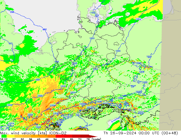 Max. wind velocity ICON-D2 czw. 26.09.2024 00 UTC