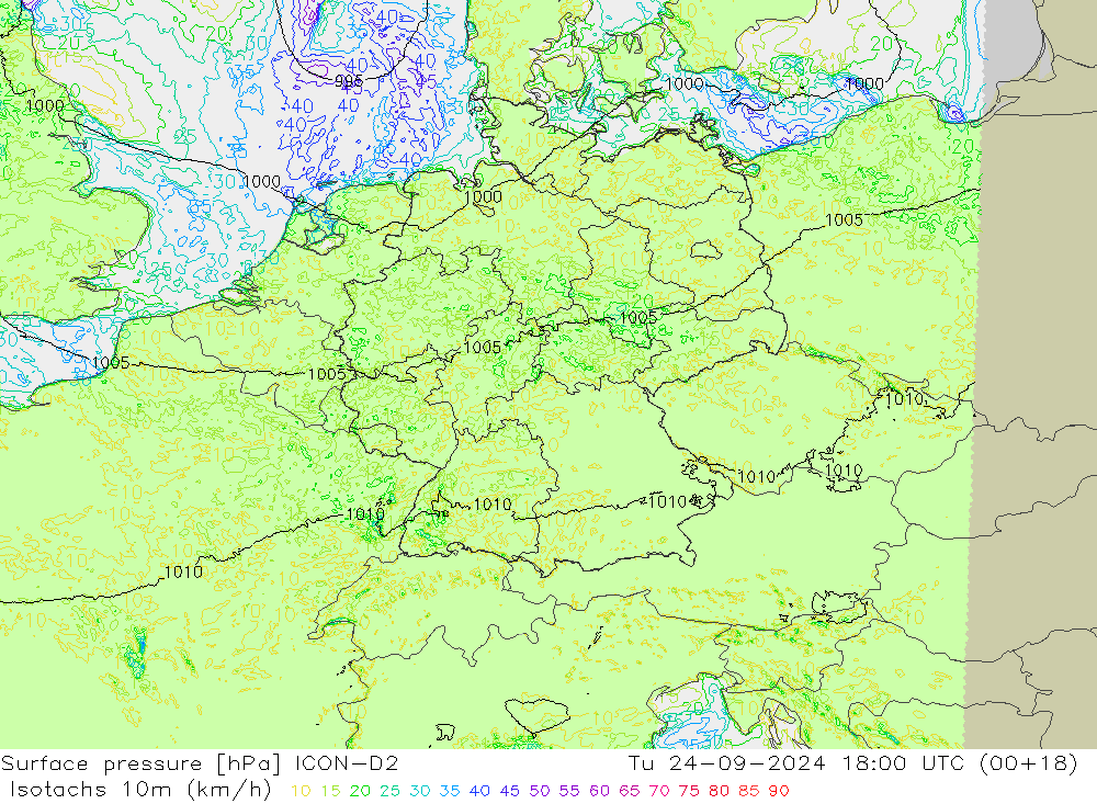 Izotacha (km/godz) ICON-D2 wto. 24.09.2024 18 UTC