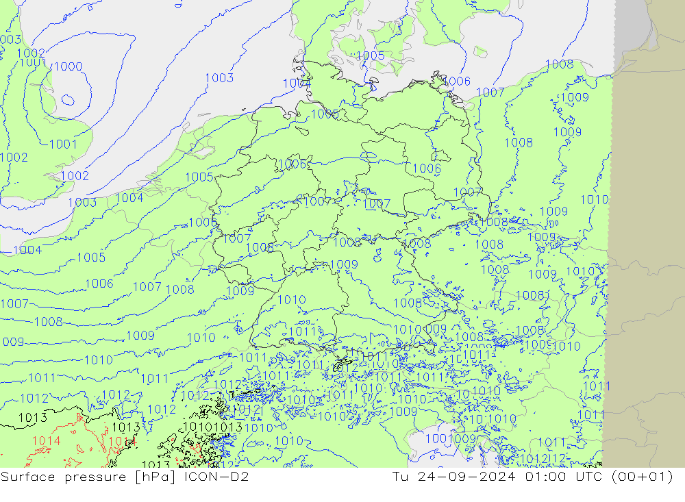 Surface pressure ICON-D2 Tu 24.09.2024 01 UTC