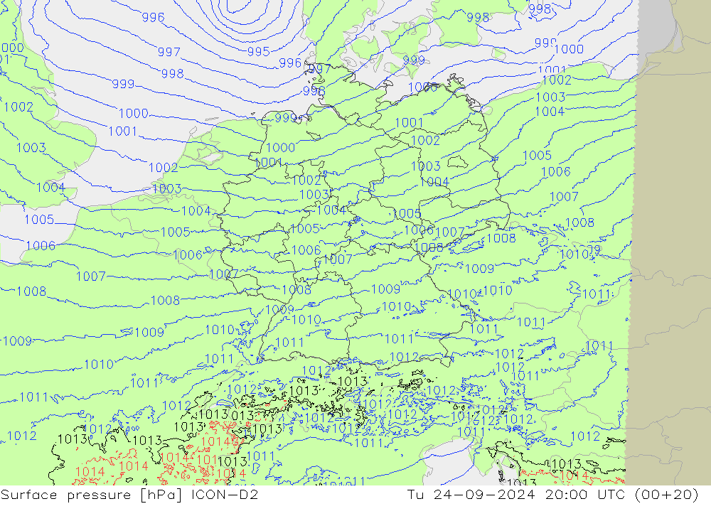 Surface pressure ICON-D2 Tu 24.09.2024 20 UTC