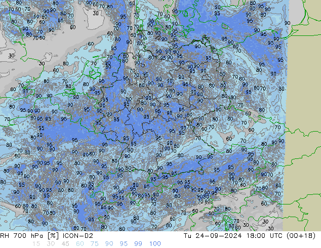 RH 700 hPa ICON-D2 Tu 24.09.2024 18 UTC