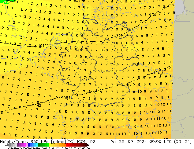 Height/Temp. 850 hPa ICON-D2 Mi 25.09.2024 00 UTC