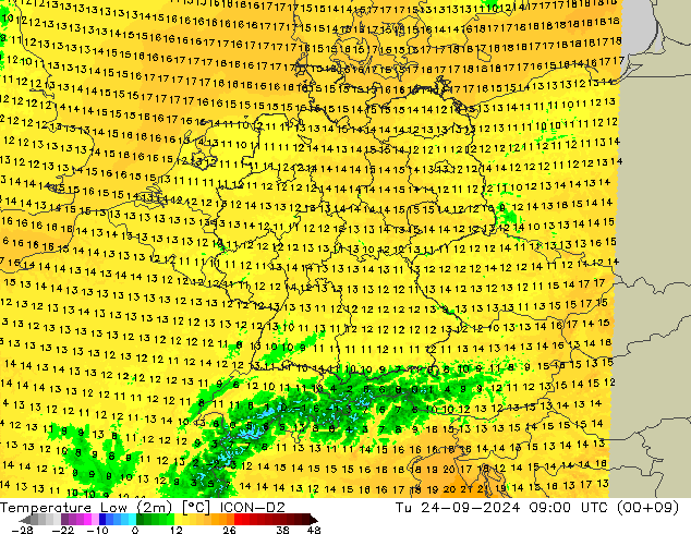 Min.temperatuur (2m) ICON-D2 di 24.09.2024 09 UTC