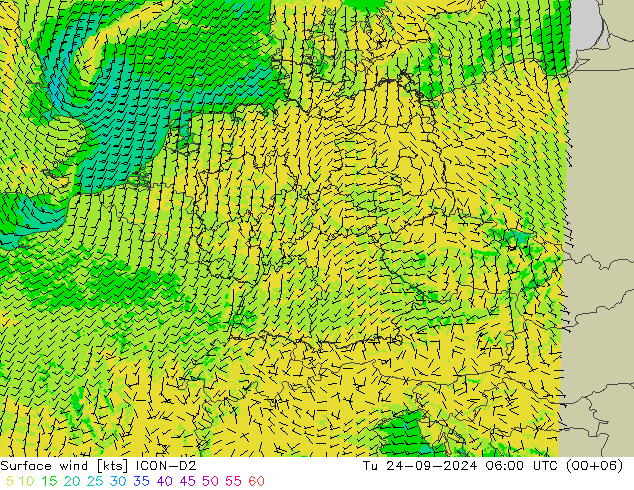 Wind 10 m ICON-D2 di 24.09.2024 06 UTC