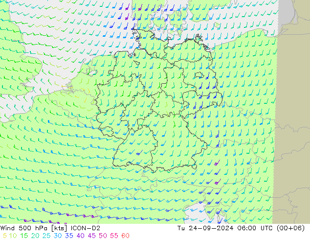 Vent 500 hPa ICON-D2 mar 24.09.2024 06 UTC