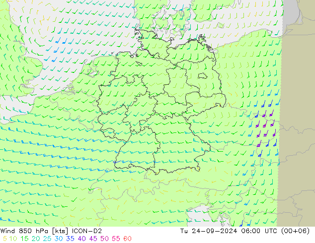 Wind 850 hPa ICON-D2 Di 24.09.2024 06 UTC