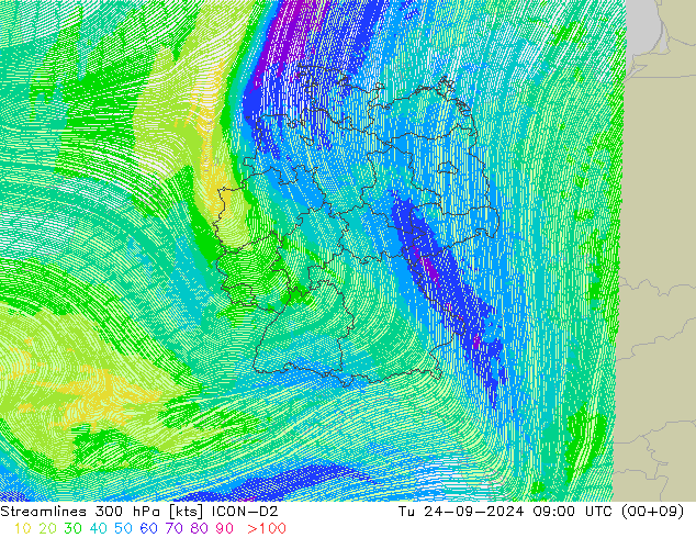 Linha de corrente 300 hPa ICON-D2 Ter 24.09.2024 09 UTC