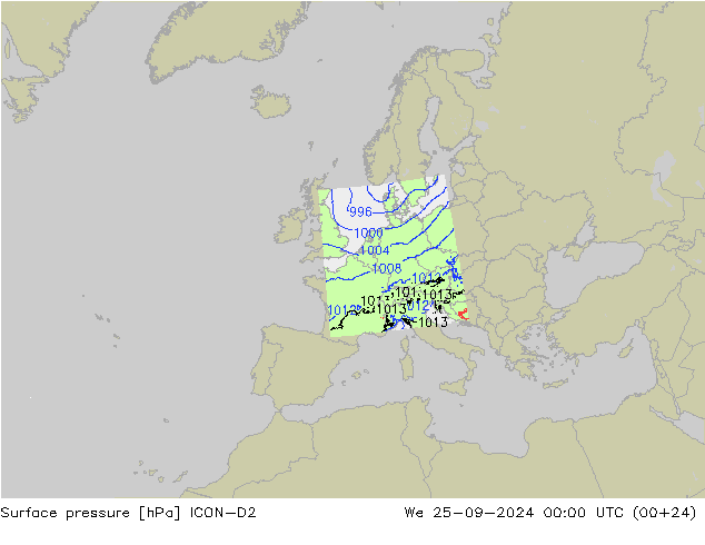 Pressione al suolo ICON-D2 mer 25.09.2024 00 UTC