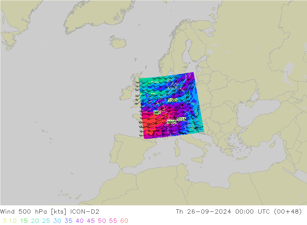 wiatr 500 hPa ICON-D2 czw. 26.09.2024 00 UTC