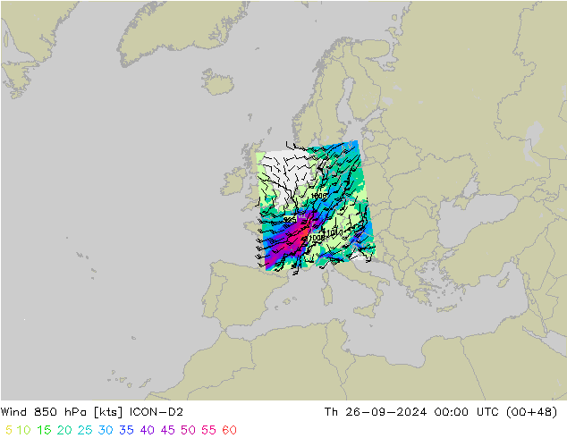 Vento 850 hPa ICON-D2 gio 26.09.2024 00 UTC