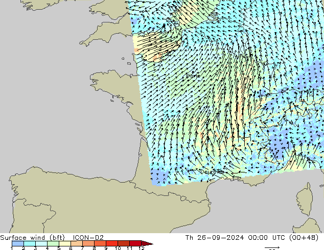 Vent 10 m (bft) ICON-D2 jeu 26.09.2024 00 UTC