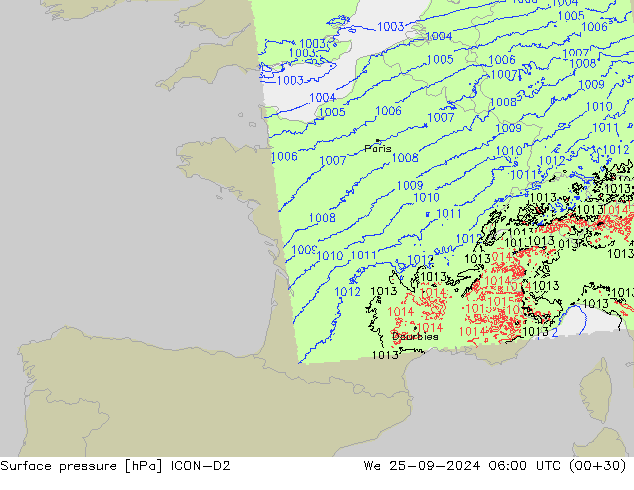 Pressione al suolo ICON-D2 mer 25.09.2024 06 UTC