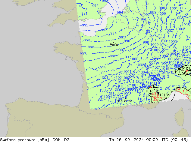 Presión superficial ICON-D2 jue 26.09.2024 00 UTC