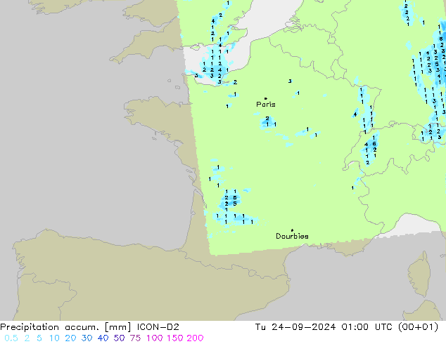 Precipitation accum. ICON-D2 Út 24.09.2024 01 UTC