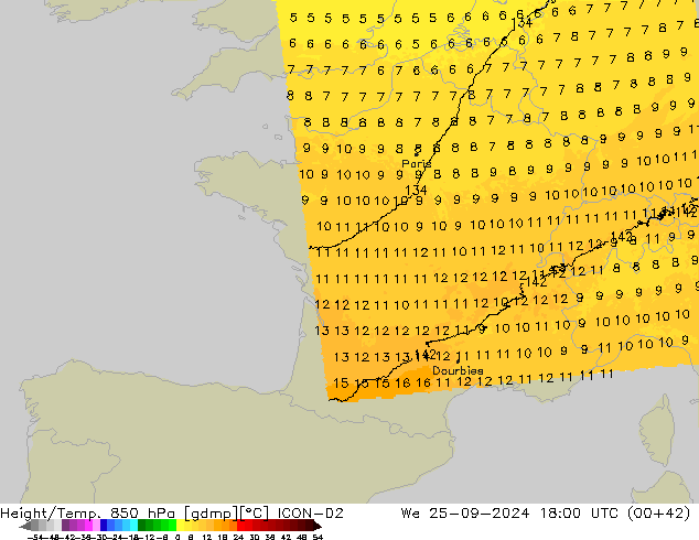 Height/Temp. 850 hPa ICON-D2 We 25.09.2024 18 UTC