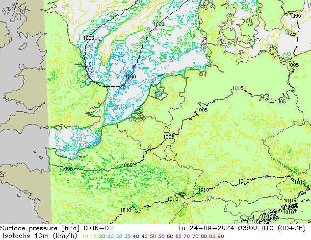 Isotachen (km/h) ICON-D2 Di 24.09.2024 06 UTC