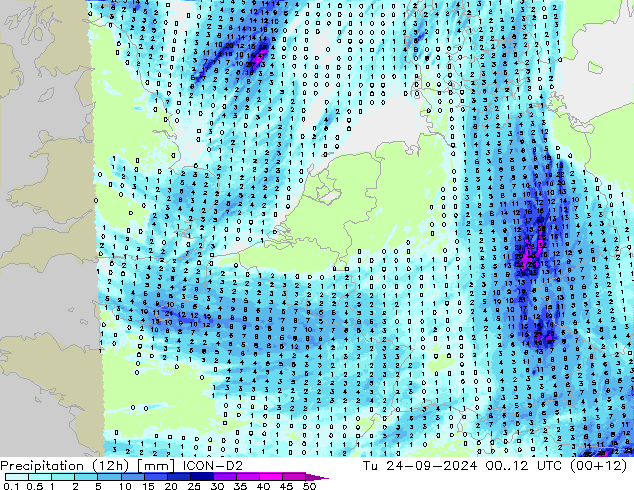 осадки (12h) ICON-D2 вт 24.09.2024 12 UTC