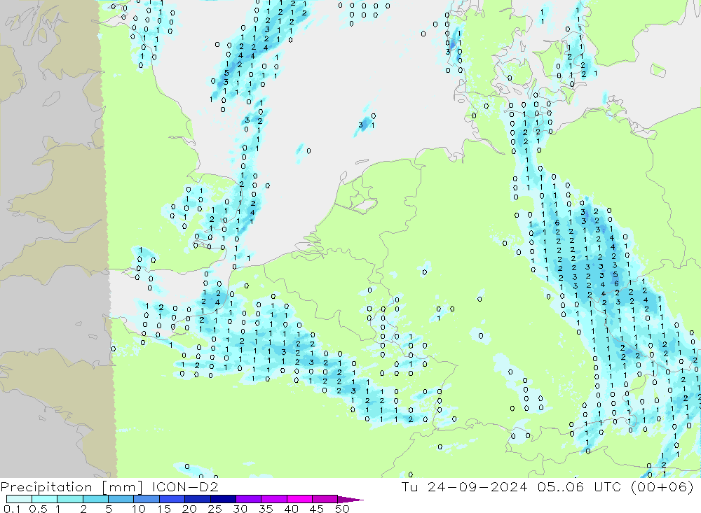 Srážky ICON-D2 Út 24.09.2024 06 UTC