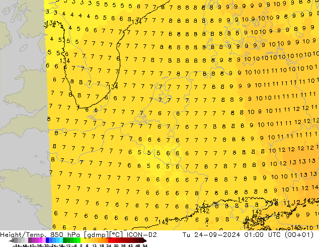 Yükseklik/Sıc. 850 hPa ICON-D2 Sa 24.09.2024 01 UTC