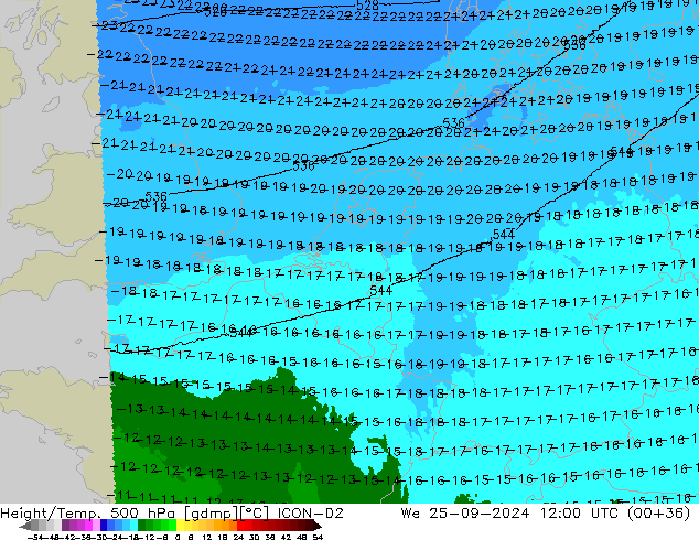 Height/Temp. 500 hPa ICON-D2 Mi 25.09.2024 12 UTC