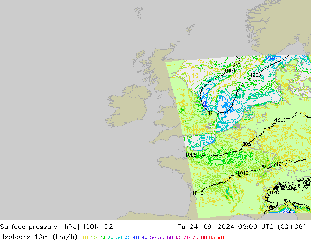 Izotacha (km/godz) ICON-D2 wto. 24.09.2024 06 UTC