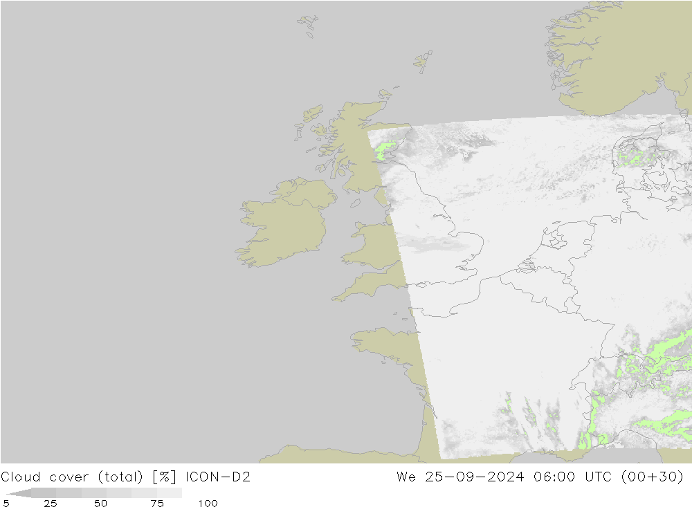 Cloud cover (total) ICON-D2 We 25.09.2024 06 UTC