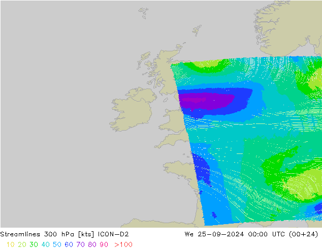 Linha de corrente 300 hPa ICON-D2 Qua 25.09.2024 00 UTC