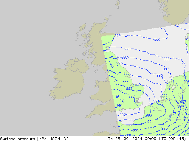 Pressione al suolo ICON-D2 gio 26.09.2024 00 UTC