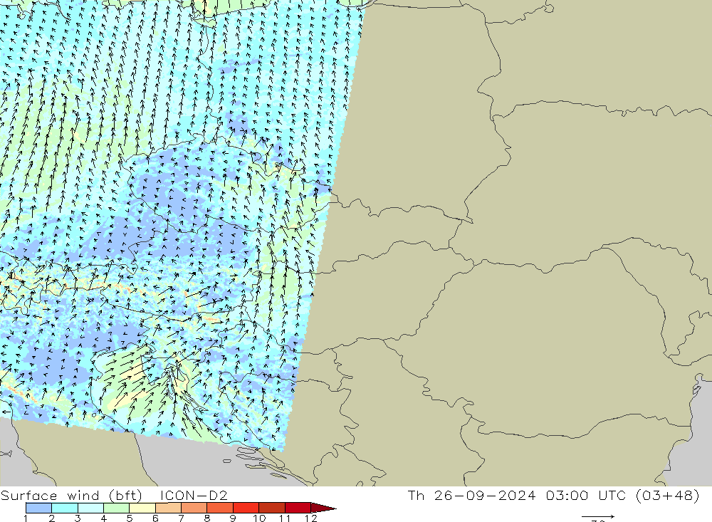 Viento 10 m (bft) ICON-D2 jue 26.09.2024 03 UTC
