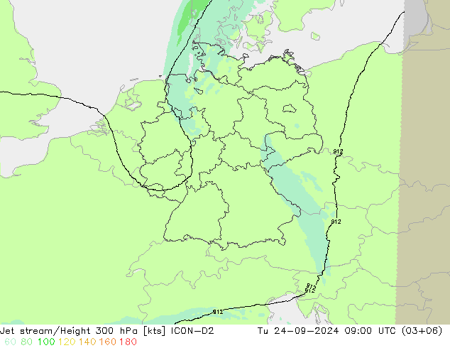 Corriente en chorro ICON-D2 mar 24.09.2024 09 UTC