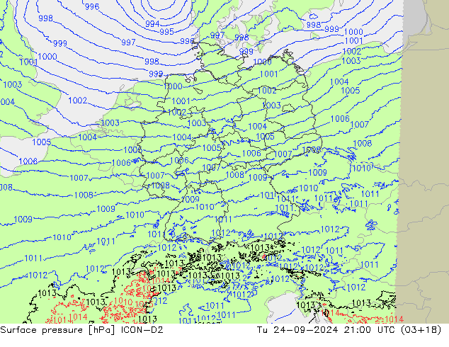 Surface pressure ICON-D2 Tu 24.09.2024 21 UTC