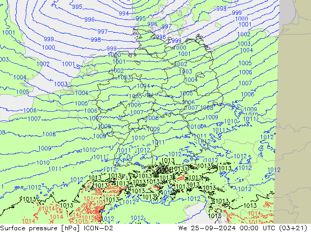 Atmosférický tlak ICON-D2 St 25.09.2024 00 UTC