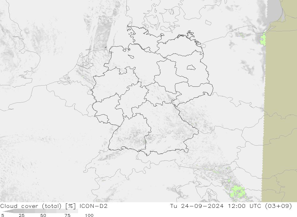 Cloud cover (total) ICON-D2 Tu 24.09.2024 12 UTC