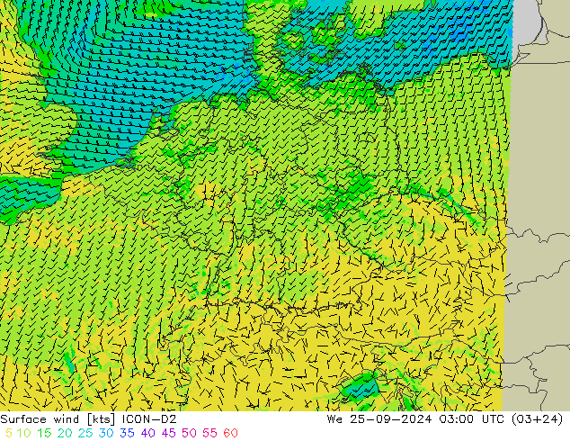 Surface wind ICON-D2 We 25.09.2024 03 UTC