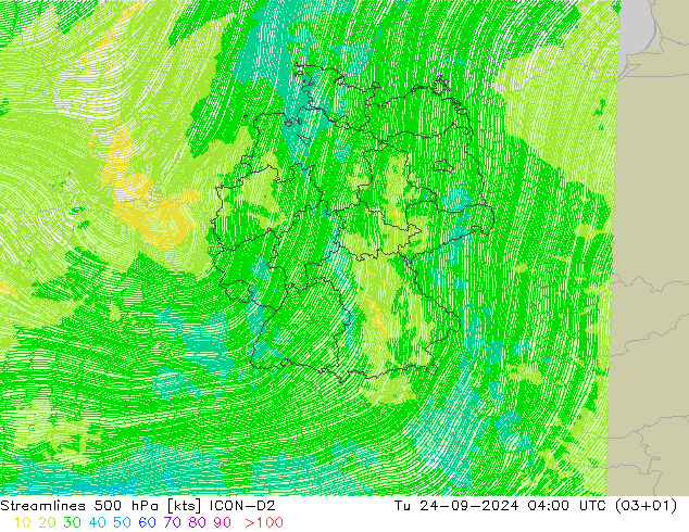 Ligne de courant 500 hPa ICON-D2 mar 24.09.2024 04 UTC