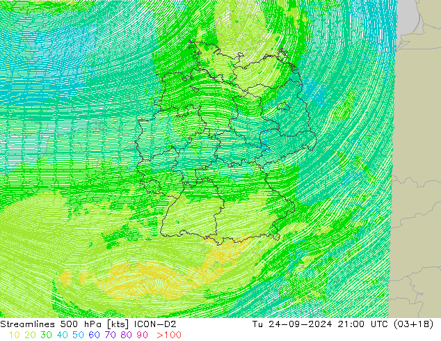 Linea di flusso 500 hPa ICON-D2 mar 24.09.2024 21 UTC