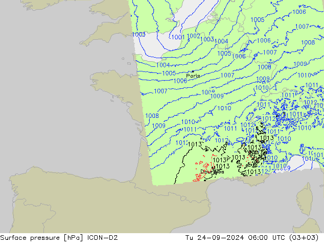 Atmosférický tlak ICON-D2 Út 24.09.2024 06 UTC