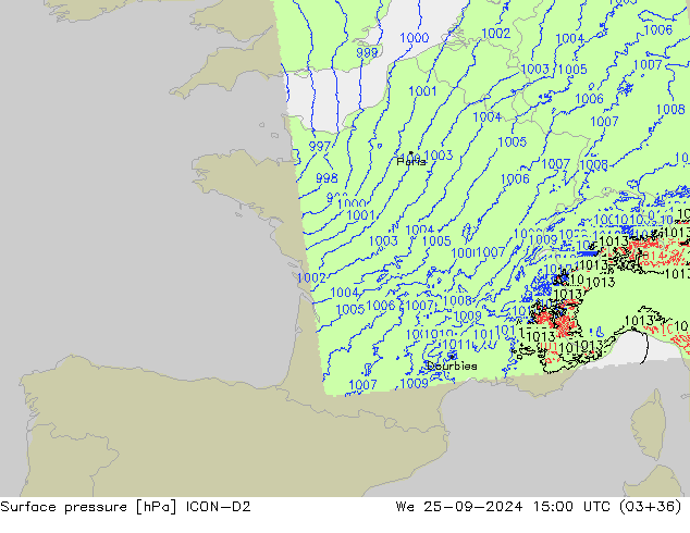 Surface pressure ICON-D2 We 25.09.2024 15 UTC