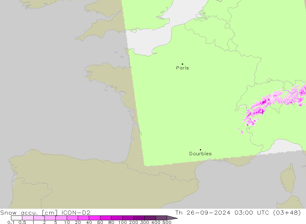 Snow accu. ICON-D2 Qui 26.09.2024 03 UTC