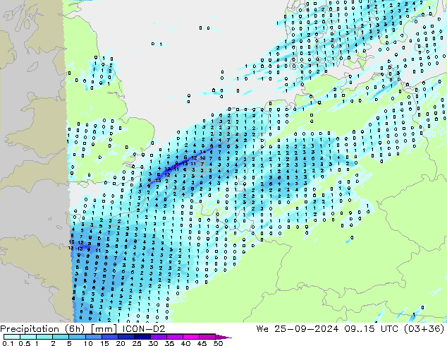 Précipitation (6h) ICON-D2 mer 25.09.2024 15 UTC