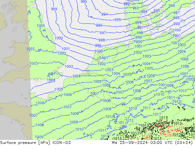 Surface pressure ICON-D2 We 25.09.2024 03 UTC