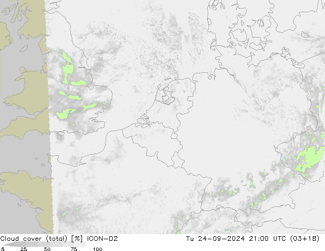 Cloud cover (total) ICON-D2 Út 24.09.2024 21 UTC