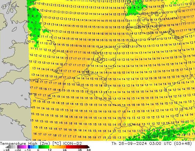 Темпер. макс 2т ICON-D2 чт 26.09.2024 03 UTC