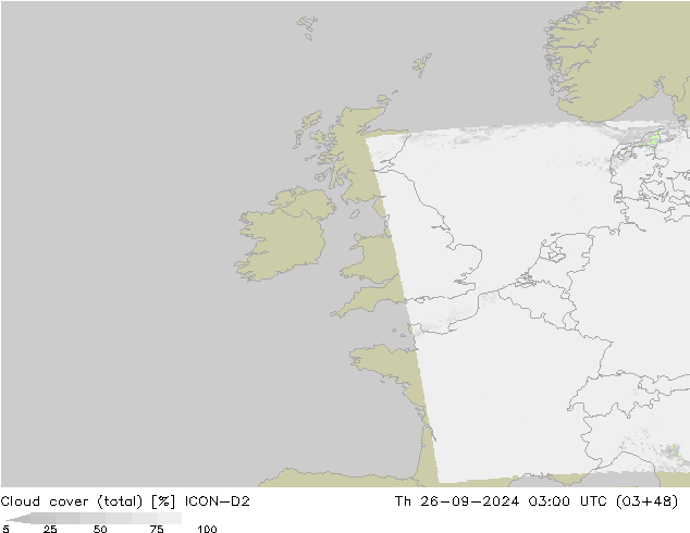 Cloud cover (total) ICON-D2 Th 26.09.2024 03 UTC