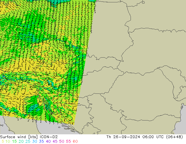 Viento 10 m ICON-D2 jue 26.09.2024 06 UTC