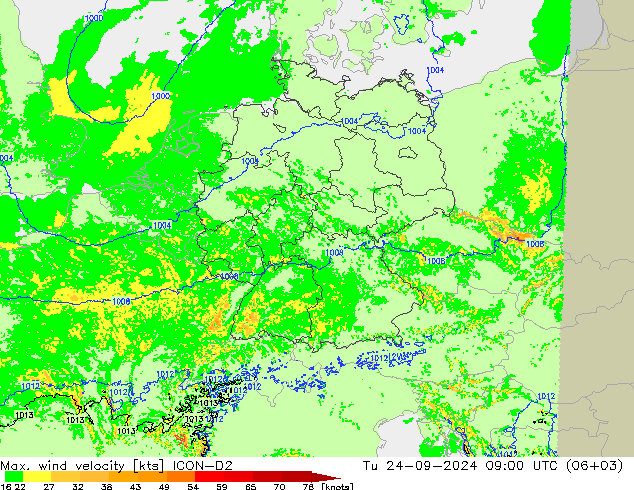 Max. wind velocity ICON-D2 Tu 24.09.2024 09 UTC