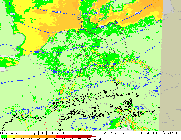 Max. wind velocity ICON-D2 ср 25.09.2024 02 UTC